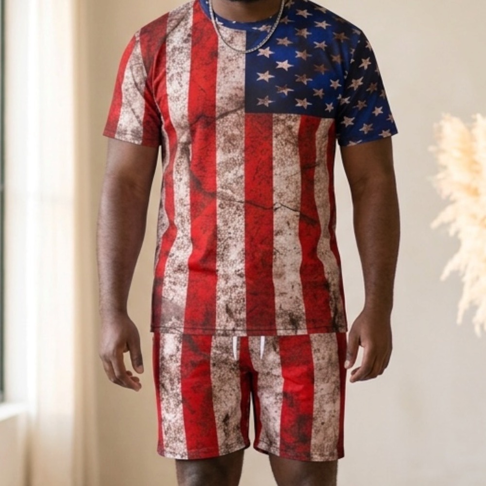 Mens 3XL American Flag Distressed‎ 2 Piece T-Shirt and Shorts Set Patriotic USA